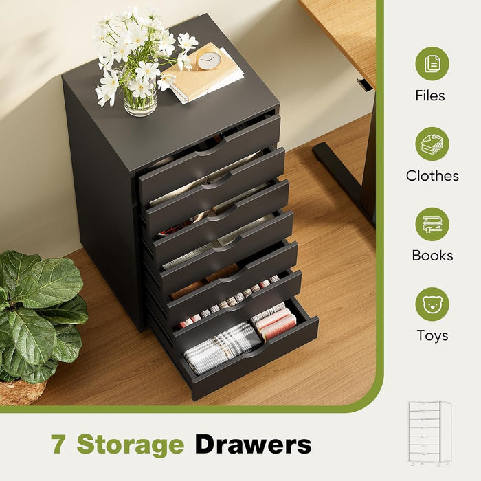Sybels 7-Drawer Rolling Storage Cart, Mobile File Cabinet & Organizer Dresser with Wheels for Home Office, Wood Chest, Black