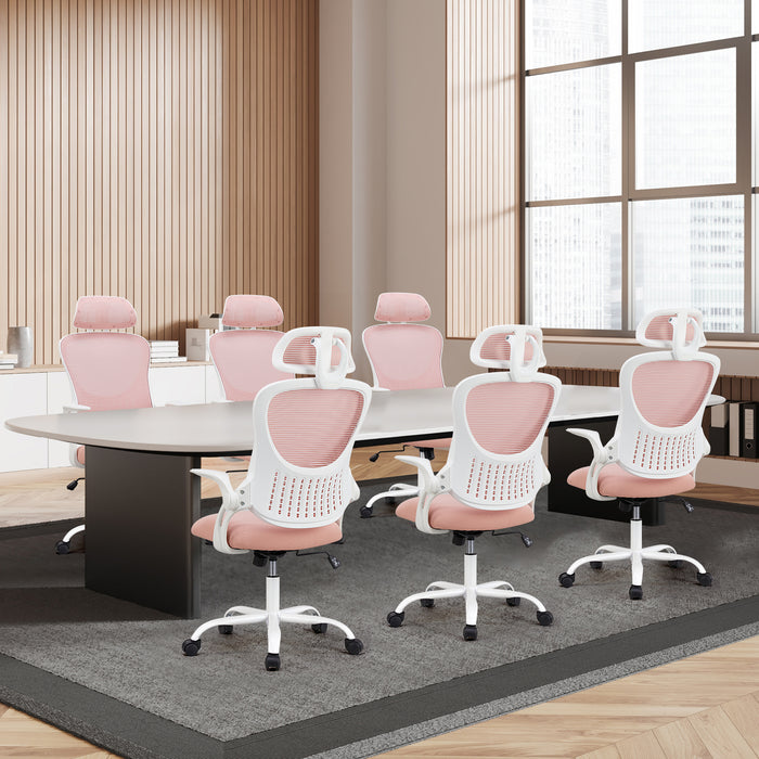 Sybels Ergonomic High Back Mesh Office Chair - Adjustable Headrest & Lumbar Support, Flip-Up Arms, 360° Swivel with Rolling Casters for Home Office, Pink