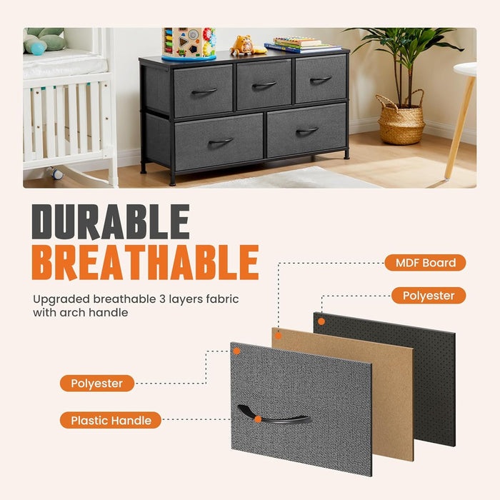 Sybels Modern TV Console with 5 Fabric Drawers for 45" TVs, Media Stand with Open Display Shelf, Minimalist Entertainment Center for Living Room & Bedroom, Gray