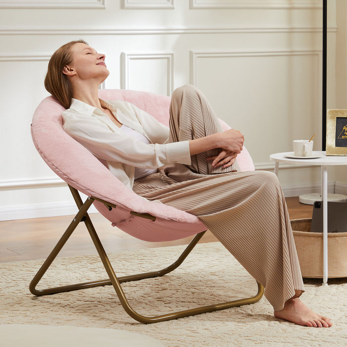 Sybels Cozy Saucer Chair: XL faux fur lounger for bedrooms, dorms & gaming，Foldable moon/mushroom design saves space， Pink