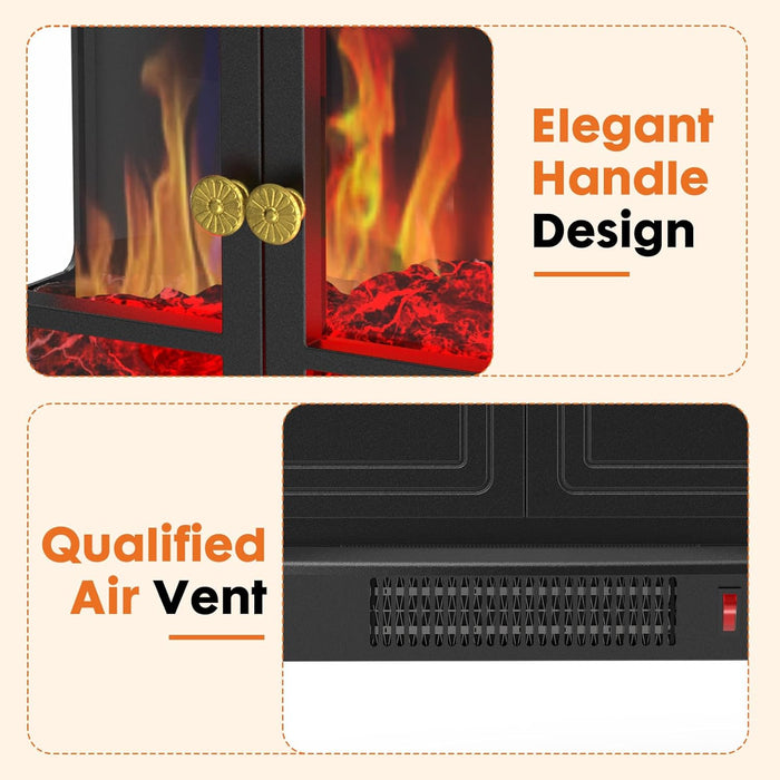 Sybels Compact 26" Double-Door Electric Fireplace, 1500W/750W Heater with Adjustable 3D Flame & Safe Protection - Freestanding for Bedroom, Office, Living Room, Black