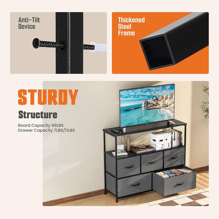 Sybels Modern TV Console with 5 Fabric Drawers for 45" TVs, Media Stand with Open Display Shelf, Minimalist Entertainment Center for Living Room & Bedroom, Gray