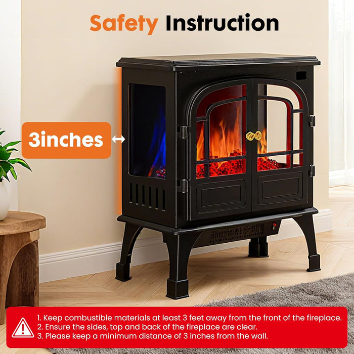 Sybels Compact 26" Double-Door Electric Fireplace, 1500W/750W Heater with Adjustable 3D Flame & Safe Protection - Freestanding for Bedroom, Office, Living Room, Black