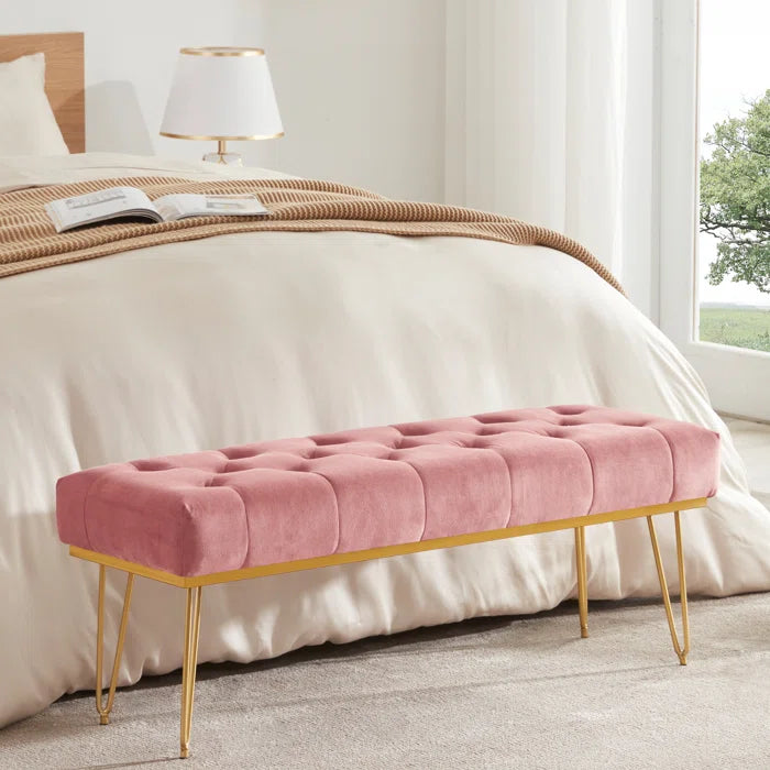45" Bench for Bedroom, Velvet Upholstered Bench Modern Ottoman End of Bed with Metal Legs(Pink)
