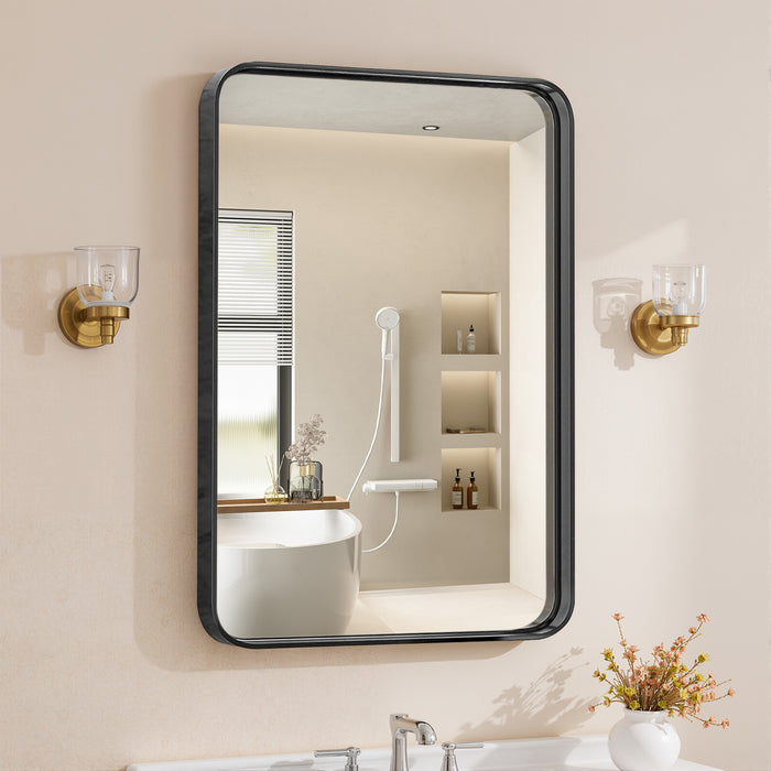 TINKLE WELL Bathroom Vanity Mirror, Large Rounded Metal Rectangle Framed, Anti-Rust Tempered Glass, Hangs Horizontally and Vertically for Sink Wall Decor, 24x36 inch Black