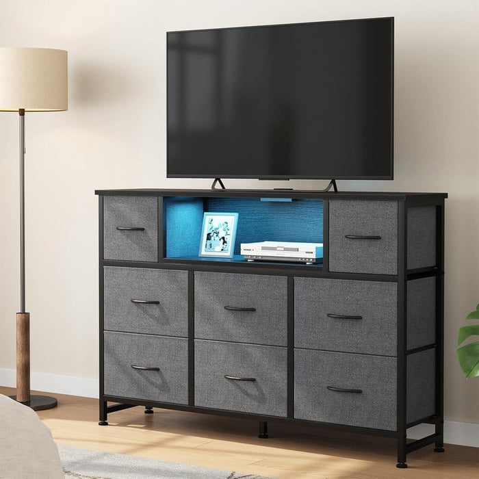 Bigleap LED TV Stand with Charging Station, Music-Sync Light Up Entertainment Center, 8 Fabric Drawer Dresser for Bedroom & Living Room, Gray(Fits 45-55 inch TV)