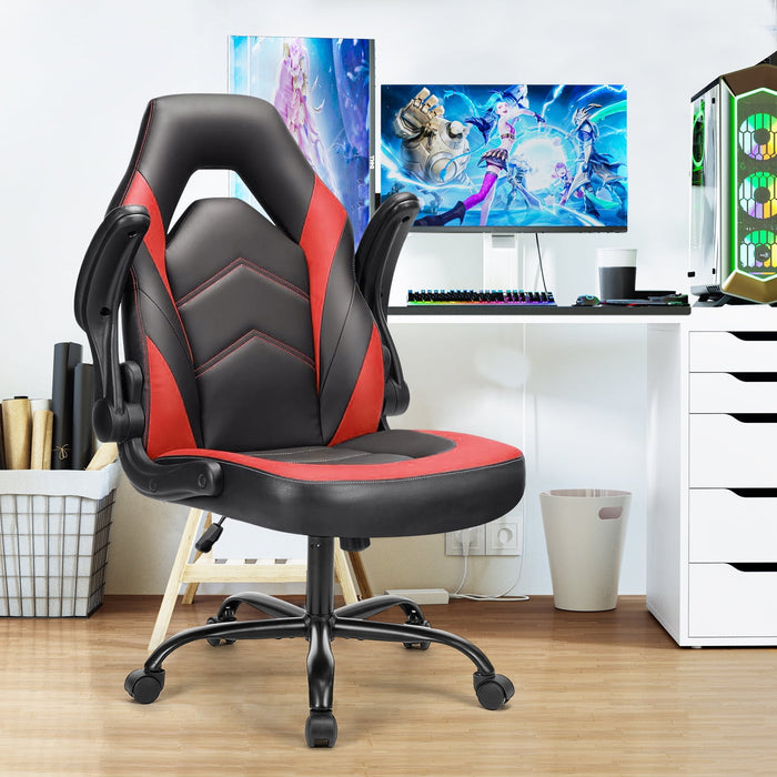 Bigleap Gaming Chair, Ergonomic Office Leather Racing Chair with Flip-up Armrest, Black Red
