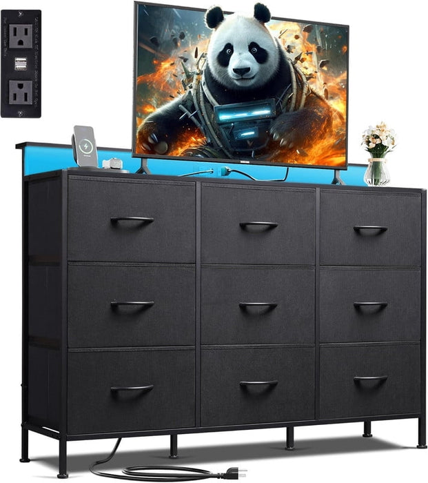 Simenmax TV Stand with 9 Fabric Drawers, Entertainment Center with LED Lights & Charging Station, Media Console for 45-55 inch TV, Black