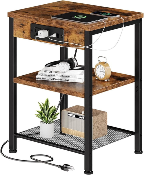 Simenmax 3-Tier Nightstand with Charging Station, USB Ports & Outlets, Adjustable Shelf End Table for Living Room, Bedroom,Brown