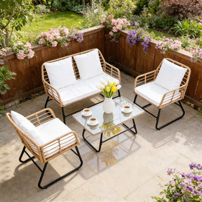 Simenmax 4 Piece Rattan Conversation Set, Outdoor Patio Furniture with Double Loveseat & 2 Single Chairs, Glass Coffee Table for Backyard, Poolside, Garden,Beige