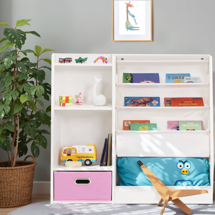 Taoset 4 Tier Kids Bookshelf- Storage Rack & 3 Layers Sling Pockets with drawer, Toddler Book Display Shelf
