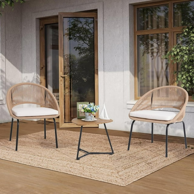 3 Pieces Rocking Bistro Set, Patio Rattan Furniture Conversation Chairs with Coffee Table & Cushions for Balcony Porch Poolside