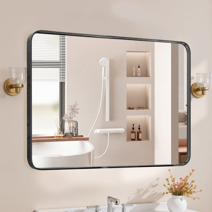 TINKLE WELL Bathroom Vanity Mirror, Large Rounded Metal Rectangle Framed, Anti-Rust Tempered Glass, Hangs Horizontally and Vertically for Sink Wall Decor, 24x36 inch Black