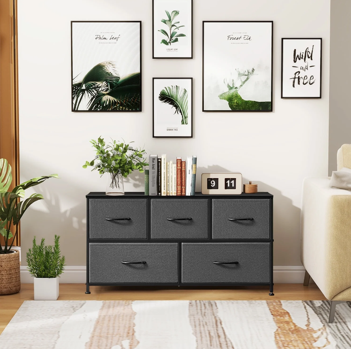 Storage Drawers, Fabric Dresser, Skinny Fabric Storage Tower with 4 Drawers, Tower Organizer Unit, Wooden Board and Steel Frame