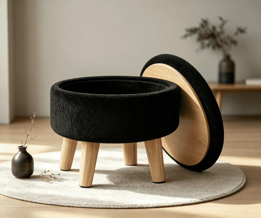 Taoset Small Round Ottoman, Reversible Upholstered Footstool with Storage, Black