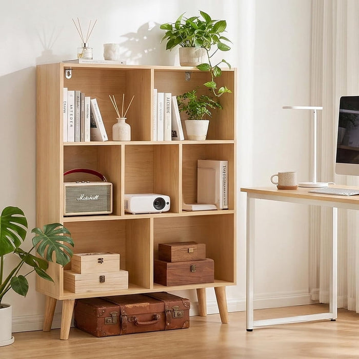Bigleap 7-Cube Storage Bookshelf, 3-Tier Modern Wood Bookcase with Legs, Open Display Shelf for Living Room, Bedroom, Office, Wood