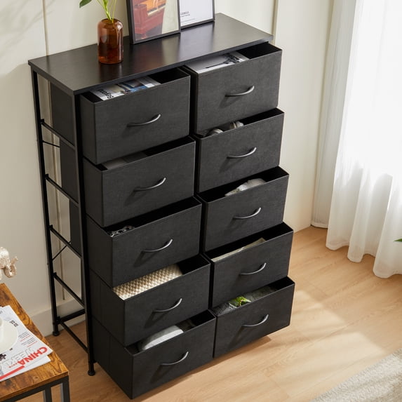 Aidoly Dresser for Bedroom, 10 Storage Drawers, Anti-Tip Tall Fabric Closet Chests Organizer Tower Furniture with Wooden Top Metal Frame for Living Room, Hallway, Entryway