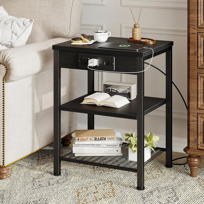 Bigleap 3-Tier End Table with Charging Station, Small Nightstand with AC Outlets & USB Ports for Small Spaces, Bedroom, Living Room, Black