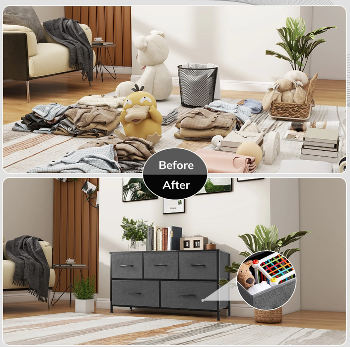 Storage Drawers, Fabric Dresser, Skinny Fabric Storage Tower with 4 Drawers, Tower Organizer Unit, Wooden Board and Steel Frame
