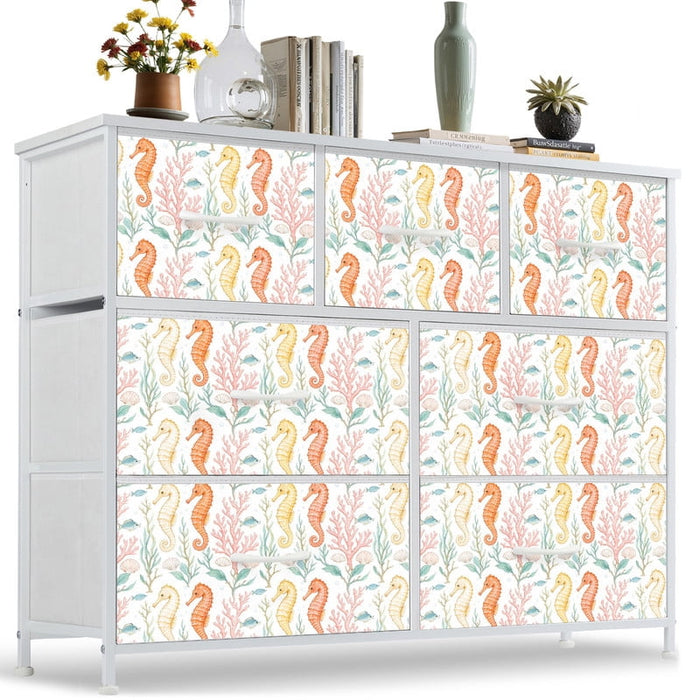 Taoset Coastal Nursery Storage Dresser - 7 Drawer Beach House Fabric Chest with Seahorse Pattern, Nautical Ocean Theme Organizer for Kids Room