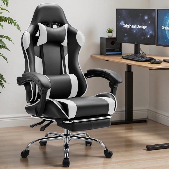 Nextay High-Back Gaming Chair with Footrest, PU Leather Ergonomic Desk Chair, Adjustable Lumbar Support & Linkage Armrest, 275 lbs Capacity, Black/White