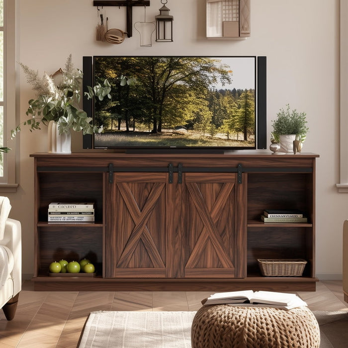 Bigleap 65 Inch TV Stand with Sliding Barn Doors, Adjustable Shelves Media Console, Farmhouse Entertainment Center for Living Room Storage，Brown