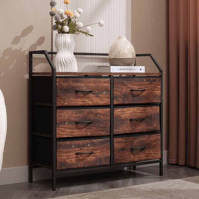 32-Inch Wide Metal Accent Storage Cabinet with Wood Top & 6 Fabric Drawer Dresser