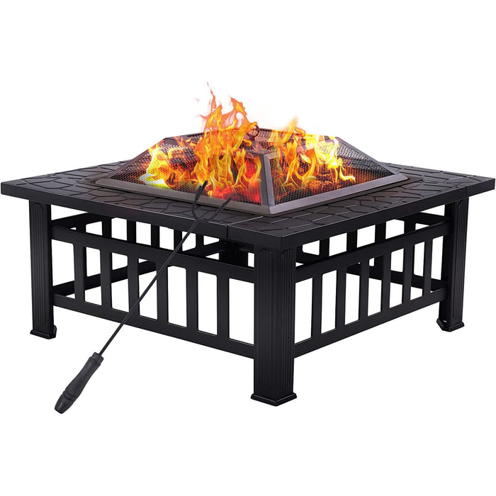 Yangming 32 inch Outdoor Fire Pit, Bonfire Wood Burning Fire Pit, Square Firepit Table with Spark Screen Cover Safe Mesh Lid and Poker for BBQ