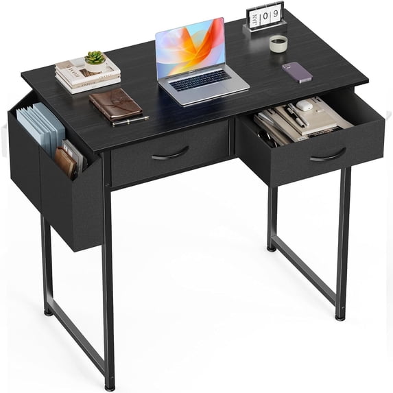 Small Desk with Drawers, Modern Study Writing Table Computer Desks with Storage Bag & Hook for Bedroom Home Office