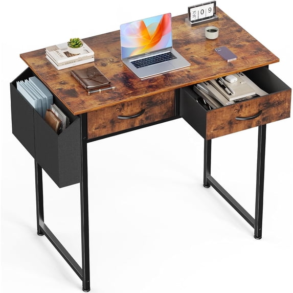 Small Desk with Drawers, Modern Study Writing Table Computer Desks with Storage Bag & Hook for Bedroom Home Office