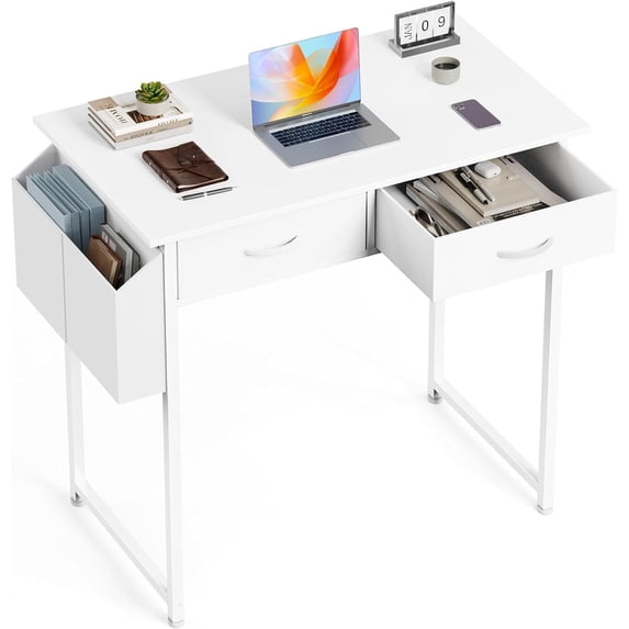 Small Desk with Drawers, Modern Study Writing Table Computer Desks with Storage Bag & Hook for Bedroom Home Office