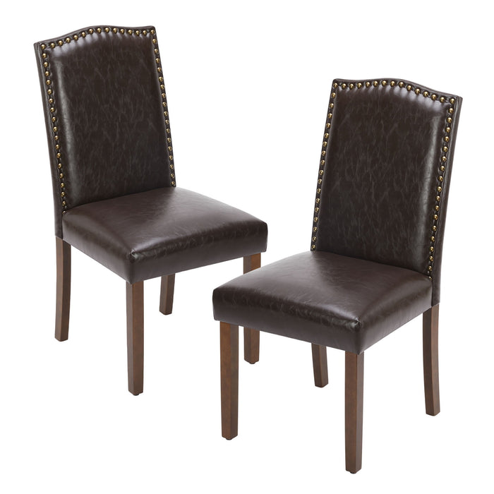 TINKLE WELL Living Room, Upholstered Leather Dining, Parsons Nailhead Trim and Wood Legs（2PCS）-Brown