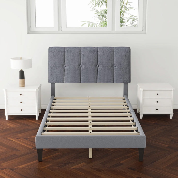 Blorly Twin Bed Frame, Upholstered Twin Size Platform Bed Frame with Headboard, Wood Slats Support, No Box Spring Needed, Noise Free, Grey