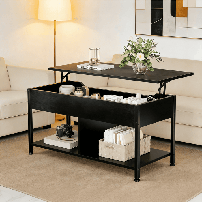Blorly Coffee Table, Lift Top Living Room Coffee Table, Dining Center Tables with Storage Shelf and Hidden Compartment, Black