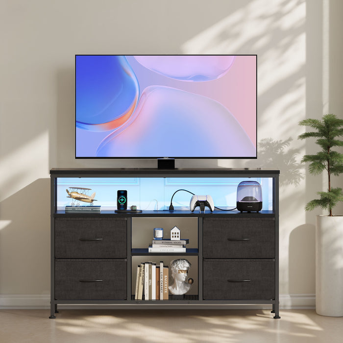 Blorly TV Stand with LED Lights and Power Outlet, Entertainment Center for 45 inch TV, 4 Drawer Fabric Dresser with Charging Station, Modern Gaming Console Table for Bedroom & Living Room, Black