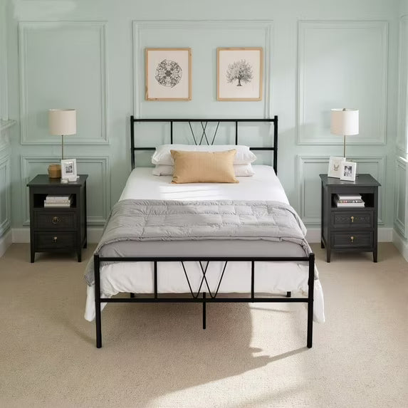 Sybels Twin Storage Bed Frame - Elegant Iron-Art Headboard & Footboard, Elevated Platform Design