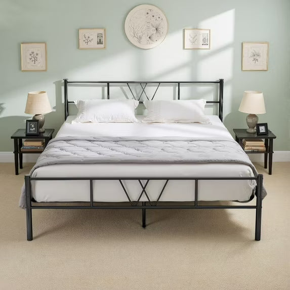 Sybels Queen Storage Bed Frame - Elegant Iron-Art Headboard & Footboard, Elevated Platform Design