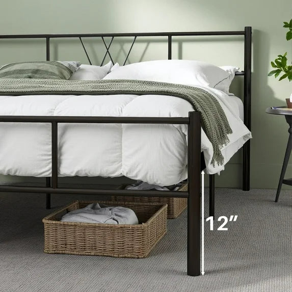 Sybels Queen Storage Bed Frame - Elegant Iron-Art Headboard & Footboard, Elevated Platform Design