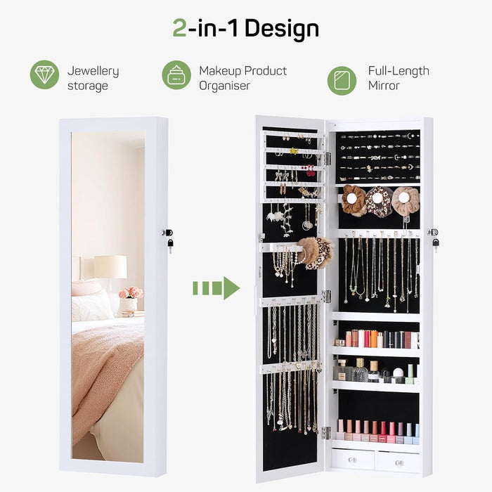 TINKLE WELL Jewelry Cabinet Organizer with Mirror, Wall or Door Mounted Jewelry Storage, 47.2 Inch Large Capacity Armoire with 6 LEDs Secure Lock, White