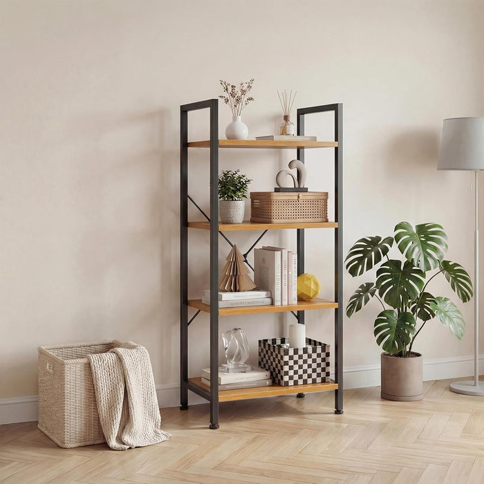 Blorly Bookshelf, 4 Tier Industrial Storage Shelf, Multi-Functional Metal & Wooden Bookcase for Living Room, Kitchen, Easy Assembly,Wood