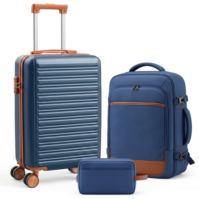 Taoset 3 Piece Luggage Set, 20 Inch ABS Carry On Suitcase with Spinner Wheels TSA Lock, Travel Backpack and Toiletry Bag, Lightweight Travel Set for Business Trip, Blue