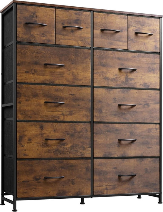 Simenmax 12-Drawer Tall Dresser for Bedroom, Brown Fabric Dresser with Steel Frame & Wood Top, Space-Saving Chest for Closet, Living Room, Entryway