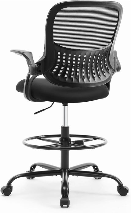 Nextay Tall Drafting Chair - Ergonomic Office Stool with Flip-Up Arms, Footrest & Lumbar Support,Black