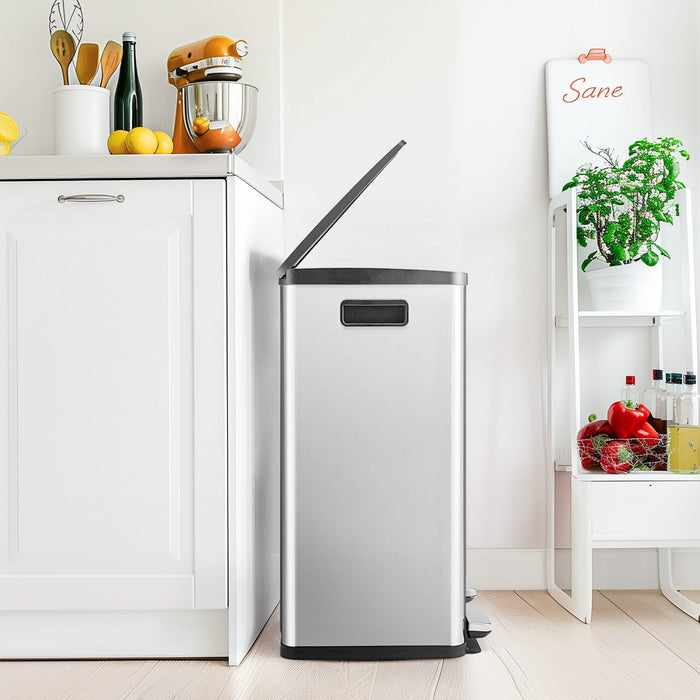 Simenmax 60L Dual Compartment Trash Can, Stainless Steel Sealed Kitchen Garbage Bin with Soft-Close Pedal