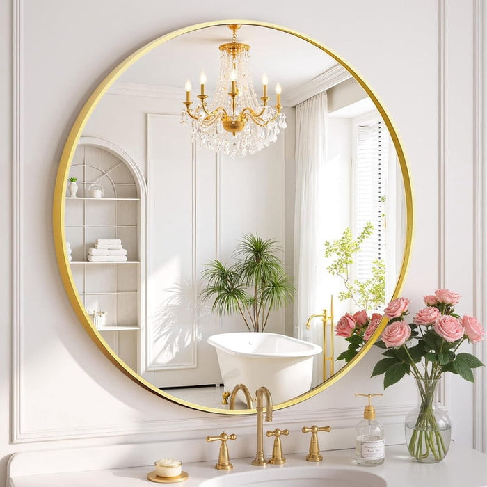 Simenmax 28''Round Wall Mirror, Metal Frame Bathroom Mirror for Bathroom Vanity, Entryway, Bedroom, Living Room, Large Circle Decorative Mirror,Gold