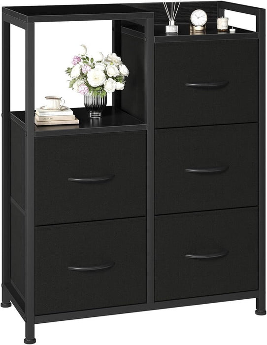 Simenmax 5-Drawer Fabric Dresser with Side Cabinet with Open Shelf, 26" Wide Storage Tower for Bedroom, Closet, Hallway, Entryway, Living Room, Black