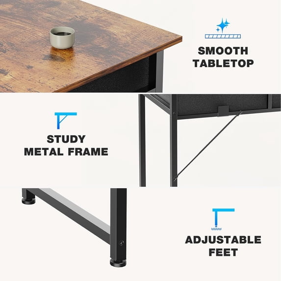 Small Desk with Drawers, Modern Study Writing Table Computer Desks with Storage Bag & Hook for Bedroom Home Office