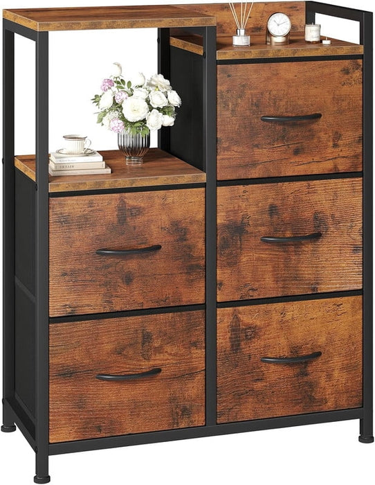 Simenmax 5-Drawer Fabric Dresser with Side Cabinet with Open Shelf, 26" Wide Storage Tower for Bedroom, Closet, Hallway, Entryway, Living Room, Brown