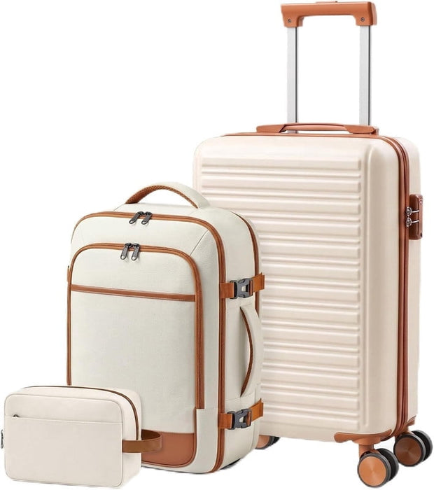 Simenmax 3-Piece Hardside Carry-On Luggage Set with Backpack & Toiletry Pouch, 20 Inch Spinner Suitcase, TSA Lock Lightweight Travel Set, Beige Brown