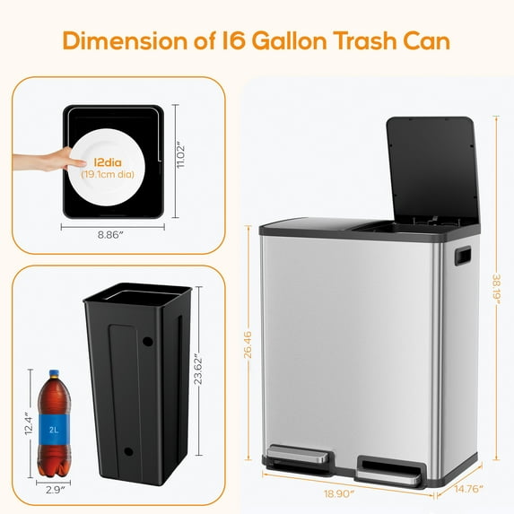 Aidoly 16 Gallons Trash Can, Dual Inner Bins-8 Gallon, Step-On Garbage Can, Kitchen Waste Bin